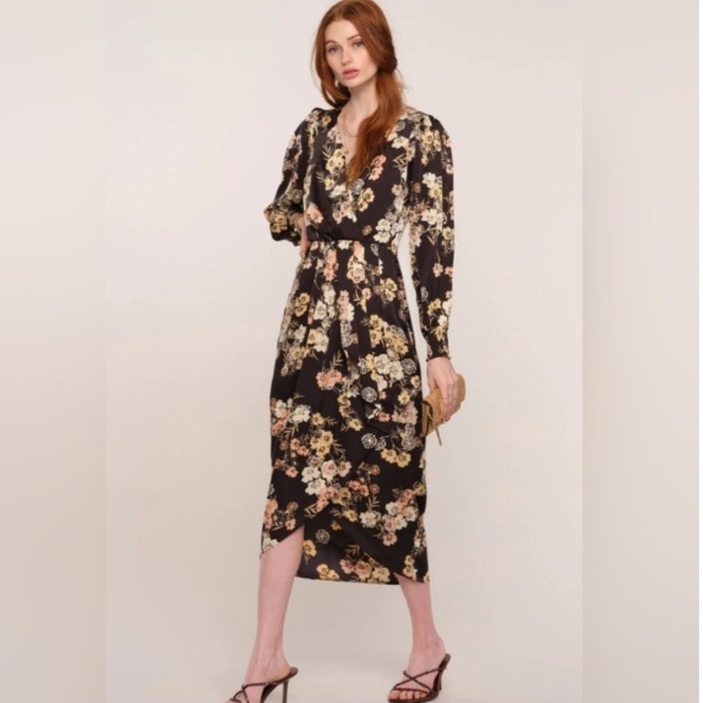 Heartloom Misa Dress Camellia Floral Back Cutout Midi Wrap Front Black Large NWT